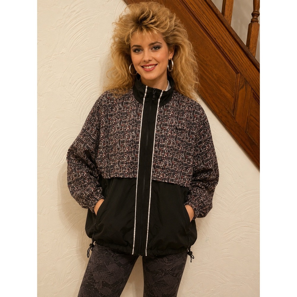 Nike Windbreaker Jacket Women Black Brown Geometric Vintage 90s Full Zip Medium